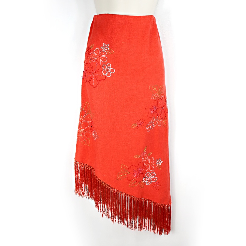 MUSE  Embroidered Fringed Linen Skirt EUC